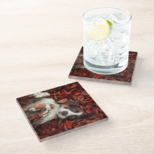 Cutest Baby Animals   Spaniel in Autumn Leaves Glass Coaster