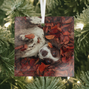 Cutest Baby Animals Spaniel in Autumn Leaves Glass Tree Decoration
