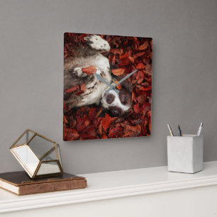 Cutest Baby Animals Spaniel in Autumn Leaves Square Wall Clock