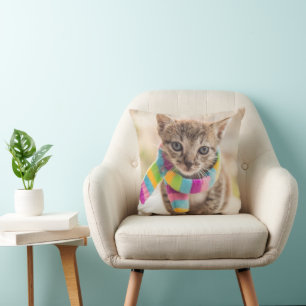 Cutest Baby Animals   Tabby Kitten Rainbow Scarf Cushion