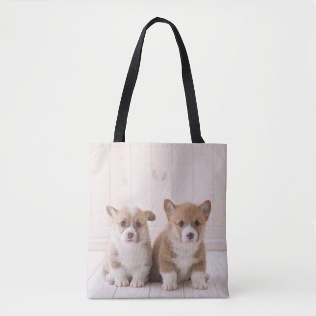 Cutest Baby Animals | Two Baby Corgis Sitting Tote Bag (Front)