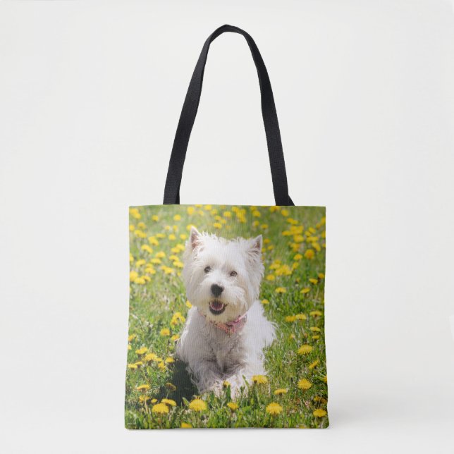 Cutest Baby Animals | Westie Dog in Dandelions Tote Bag (Front)