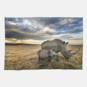 Cutest Baby Animals   White Rhino & Calf Tea Towel