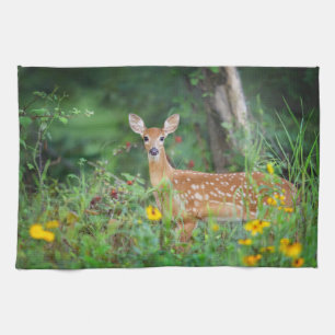 Cutest Baby Animals White Tailed Deer in Daisies Tea Towel