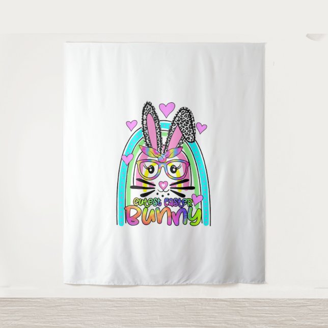 Cutest Easter Bunny Face Leopard Rainbow Happy Tapestry (Front)