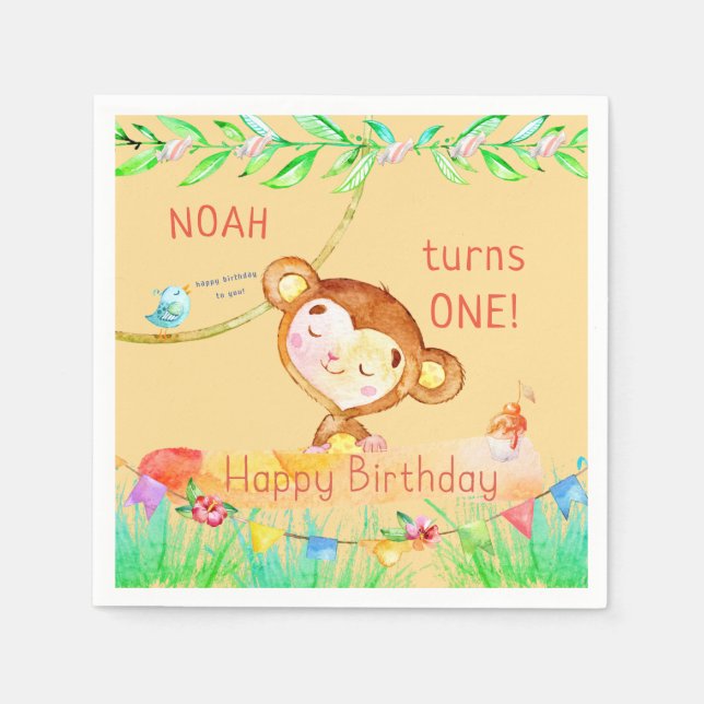 Cutest Monkey First Birthday Napkin (Front)