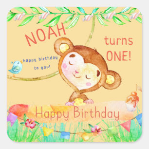 Cutest Monkey First Birthday Square Sticker