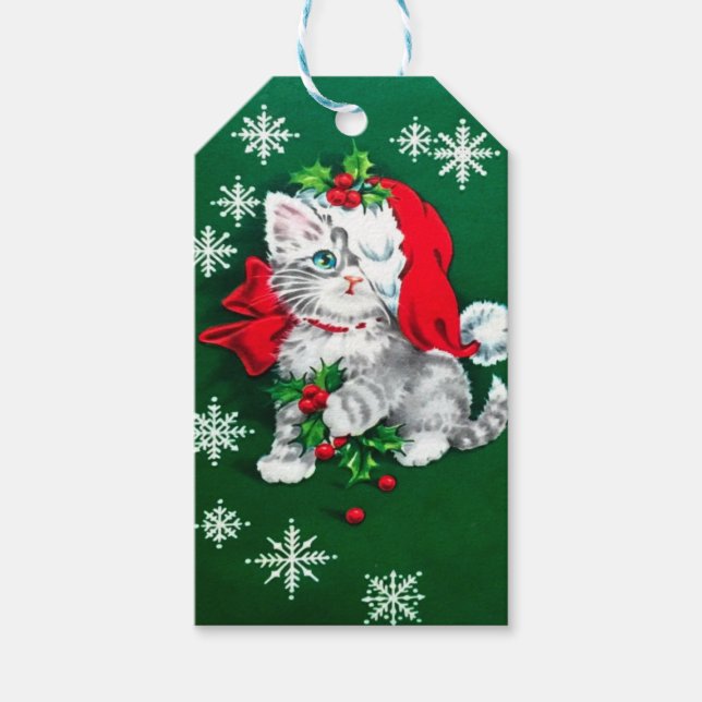 Cutest vintage Christmas Kitten Holiday Gift Tag (Front)