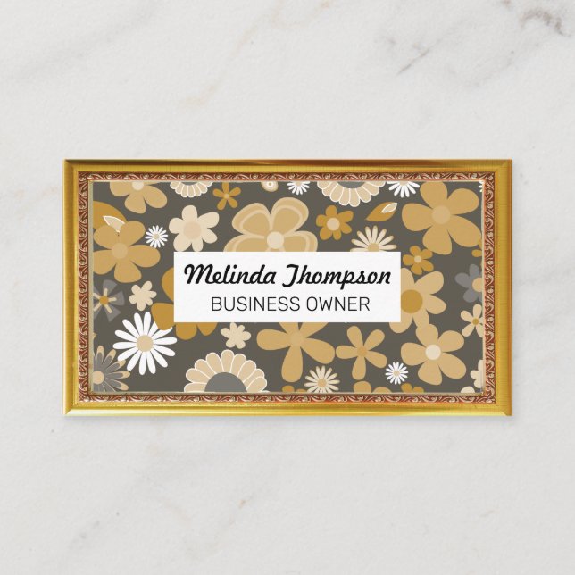 Cutesy Flower Pattern | Gold Antique Frame Business Card (Front)
