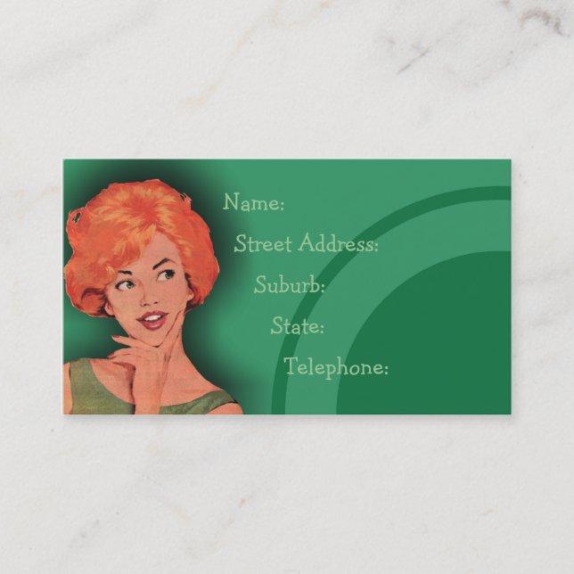 Cutesy Retro Redhead Hairdressing Card Green 2 (Front)