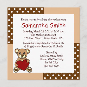 CuteTeddy Bear Baby Shower Invitation Brown Red