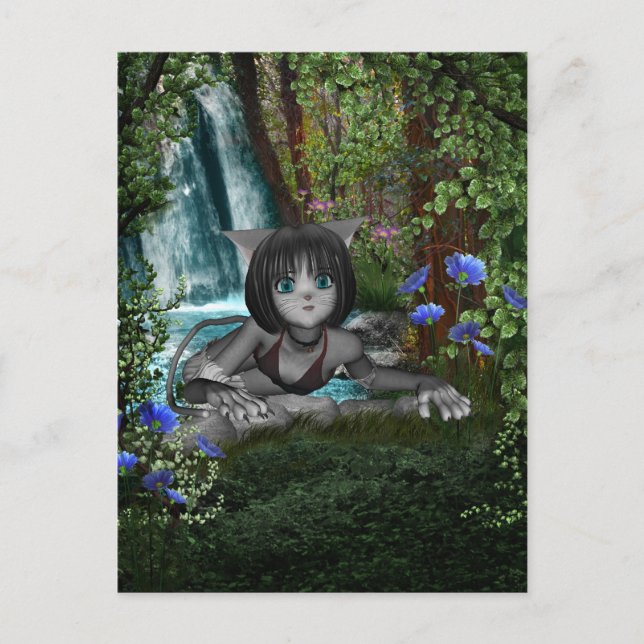 Cutie Anime Kitten Waterfalls 1 Postcard (Front)