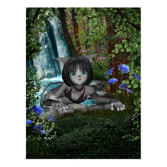 Cutie Anime Kitten Waterfalls 1 Postcard