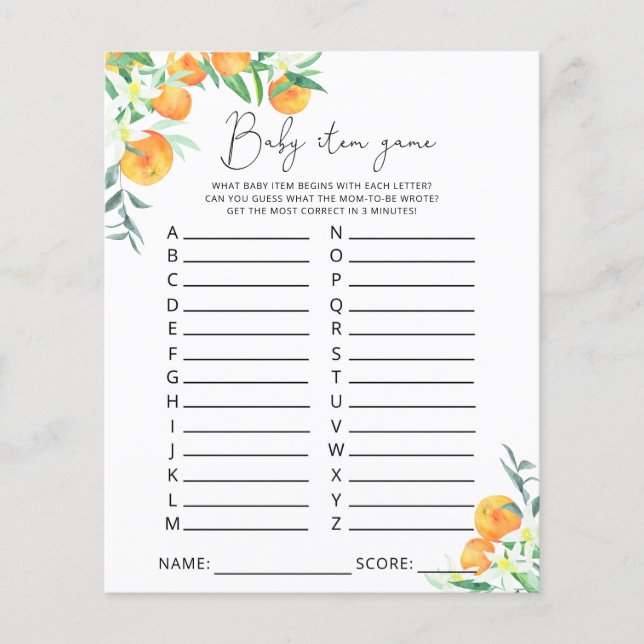 Cutie Baby Item Game. Baby Shower Game (Front)