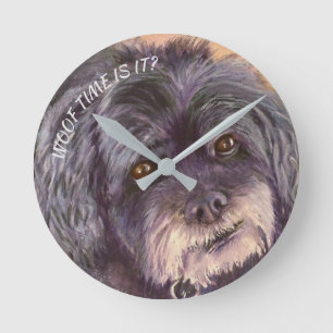 CUTIE BLACK COCK-A-POO MIX ROUND CLOCK