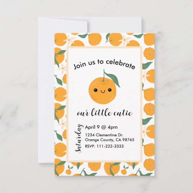 Cutie Clementine Mandarin Tangerine Orange Blue Invitation (Front)