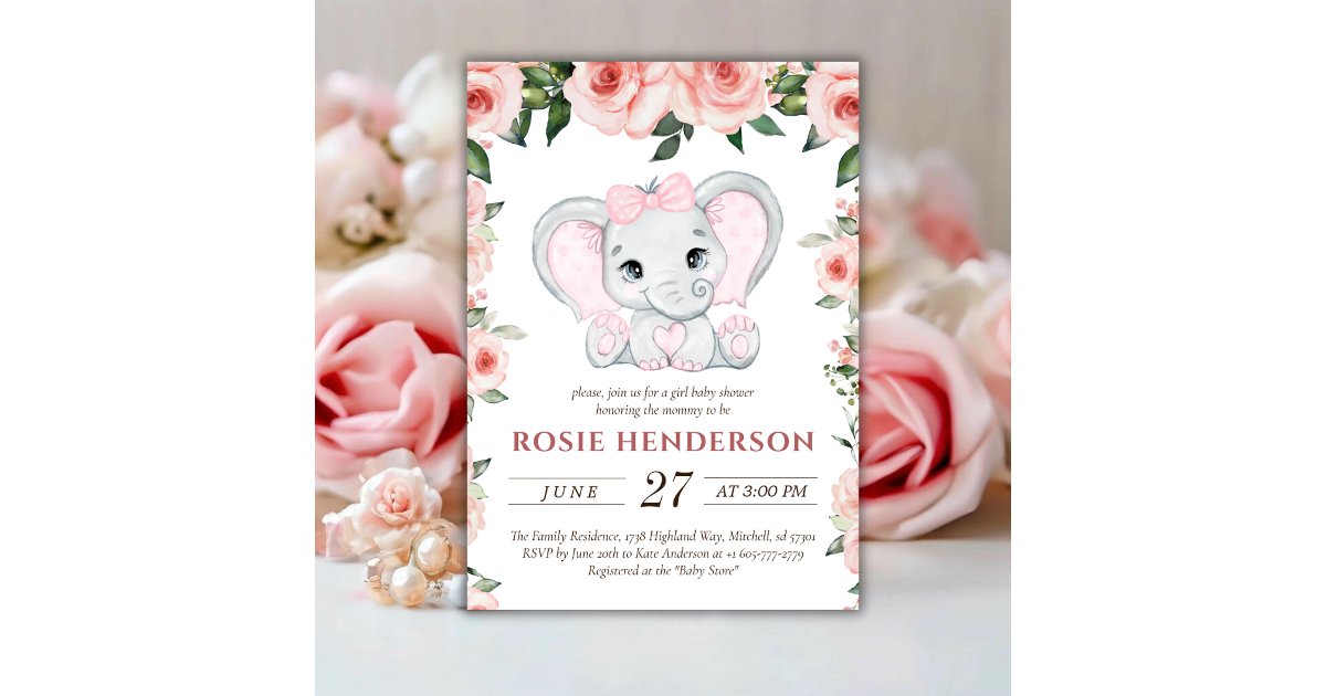 Cutie Elephant Blush Pink Floral Girl Baby Shower Invitation | Zazzle