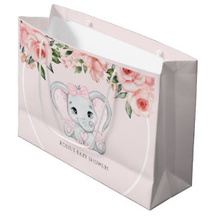 Cutie Elephant Blush Pink Floral Girl Baby Shower Large Gift Bag
