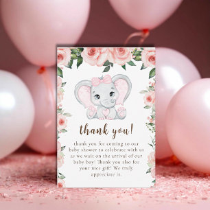 Cutie Elephant Blush Pink Floral Girl Baby Shower Thank You Card