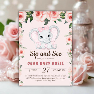 Cutie Elephant Blush Pink Floral Sip and See Invitation