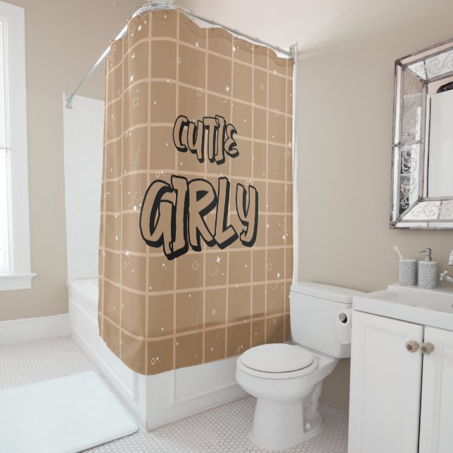 Cutie Girly Brown Gingham Shower Curtain (In Situ)