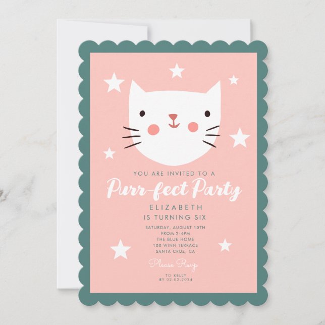 Cutie Kitty Pink Green Purple Stars Birthday Invitation (Front)