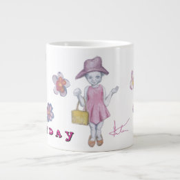 Cutie little girl with handbag paying dress-up large coffee mug