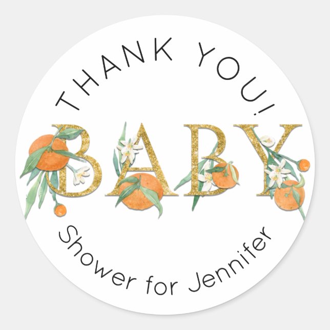 Cutie Orange Floral Greenery Thank You Baby Shower Classic Round Sticker (Front)