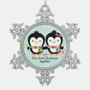 Cutie Penguin Couple First Christmas Snowflake Pewter Christmas Ornament