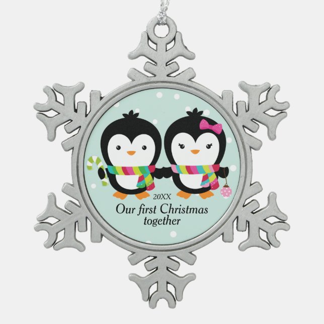 Cutie Penguin Couple First Christmas Snowflake Pewter Christmas Ornament (Front)