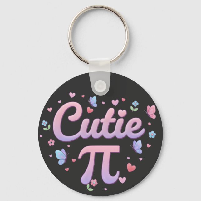Cutie Pi Symbol Math Pun Pink Butterfly Hearts Key Ring (Front)