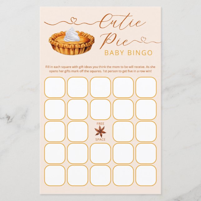Cutie Pie Baby Shower Bingo Game (Front)