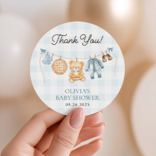 Cutie Pie Blue Fall Bear Boy Baby Shower Favour Classic Round Sticker