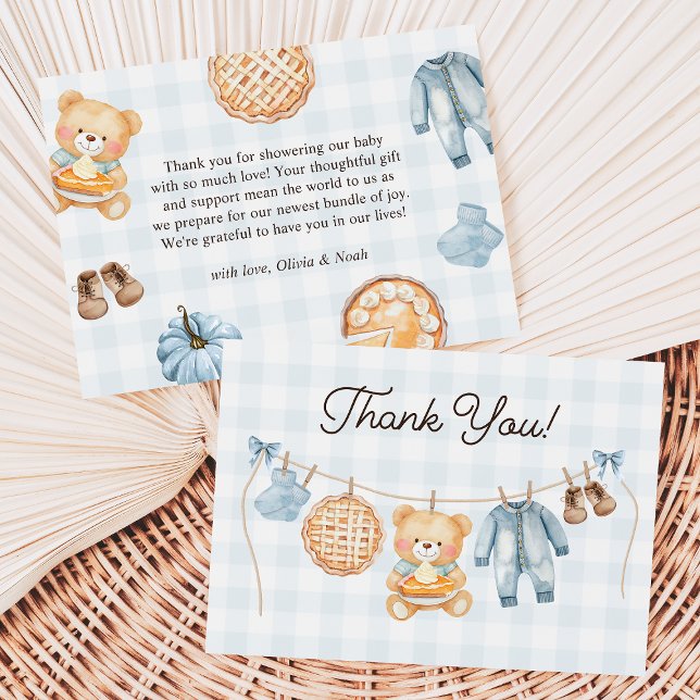 Cutie Pie Blue Fall Teddy Bear Boy Baby Shower Thank You Card (Creator Uploaded)