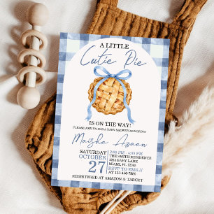 Cutie Pie Dusty Blue Bow Gingham Fall Baby Shower Invitation