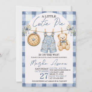 Cutie Pie Dusty Blue Bow Gingham Fall Baby Shower Invitation