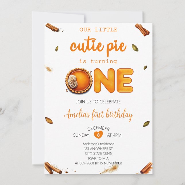 Cutie Pie Fall Rustic Orange Gingham 1st Birthday Invitation (Front)