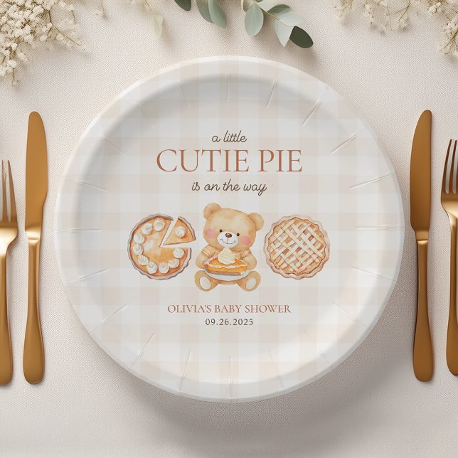 Cutie Pie Gingham Teddy Bear Fall Baby Shower Paper Plate (Creator Uploaded)