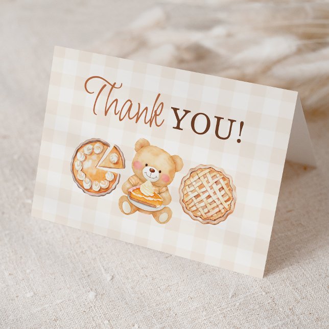 Cutie Pie Gingham Teddy Bear Fall Baby Shower Thank You Card (Creator Uploaded)