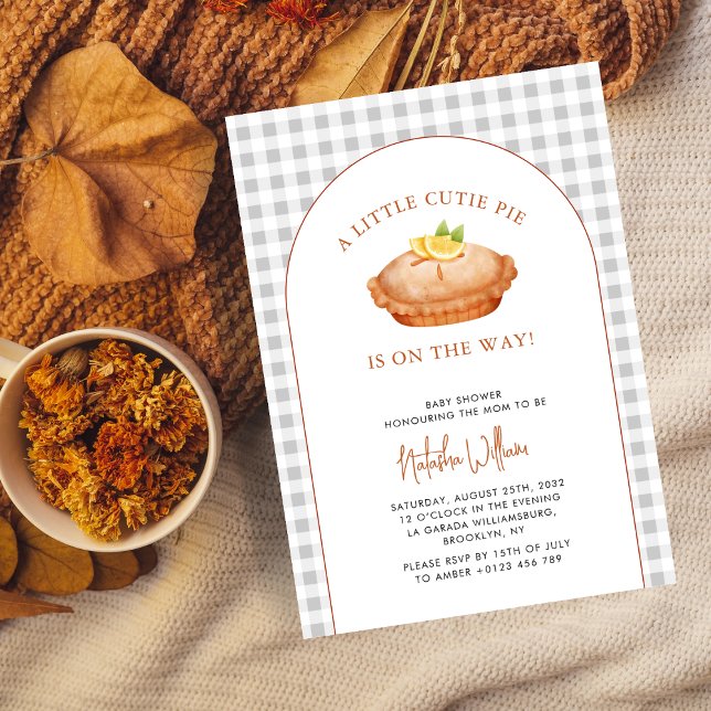 Cutie Pie Grey Gingham Chequered Fall Baby Shower Invitation (Creator Uploaded)