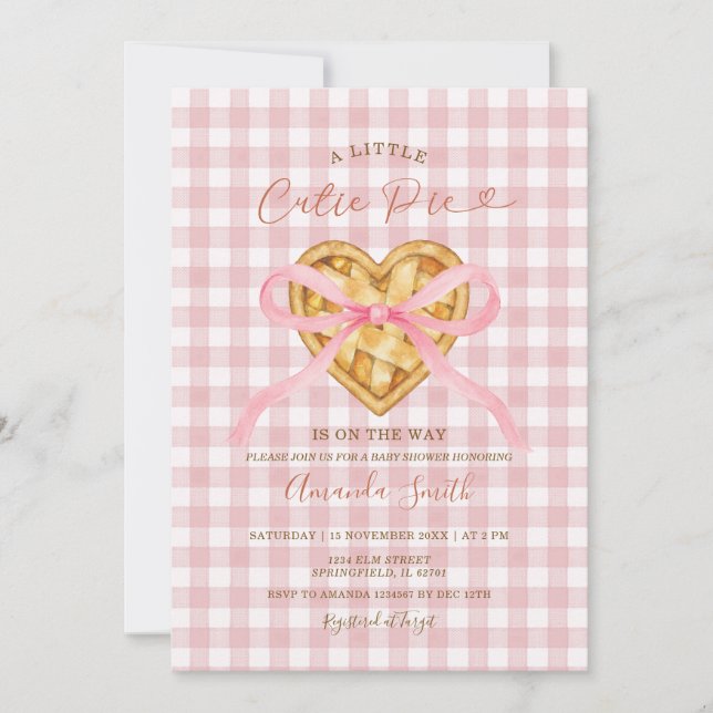 Cutie Pie Heart Pink Bow Gingham Fall Baby Shower Invitation (Front)
