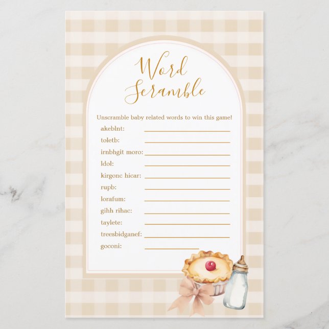 Cutie Pie Pastel Gingham Shower Word Scramble Game (Front)