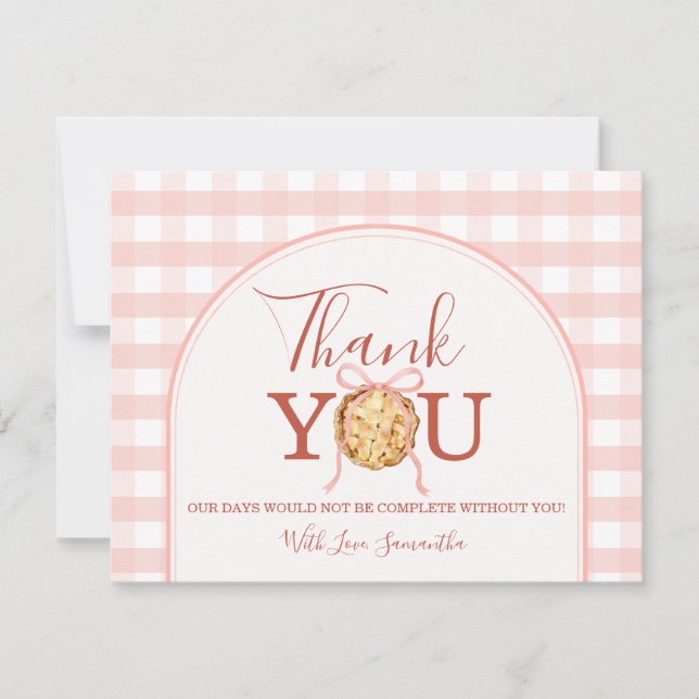 Cutie Pie Pastel Pink Bow Gingham Fall Baby Shower Thank You Card (Front)
