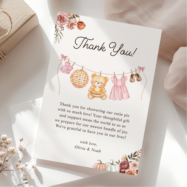 Cutie Pie Pink Fall Teddy Bear Girl Baby Shower Thank You Card (Creator Uploaded)