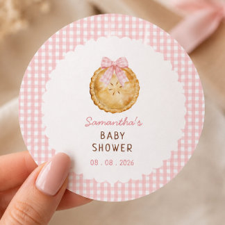 Cutie Pie Pink gingham Baby Shower Classic Round Sticker