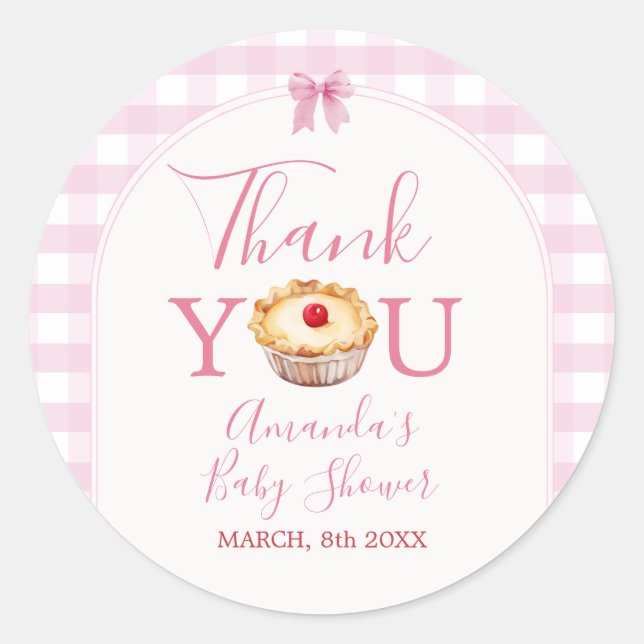 Cutie Pie Pink Gingham Baby Shower Thank You Classic Round Sticker (Front)