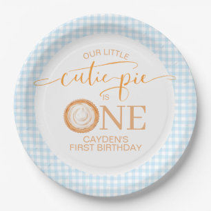 Cutie Pie pumpkin pie blueplaid First Birthday Paper Plate