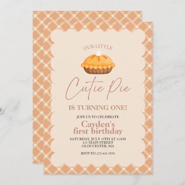 Cutie Pie pumpkin pie Fall plaid First Birthday Invitation (Front/Back)