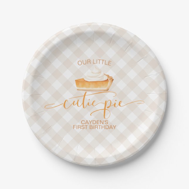 Cutie Pie pumpkin pie Fall plaid First Birthday Paper Plate (Front)