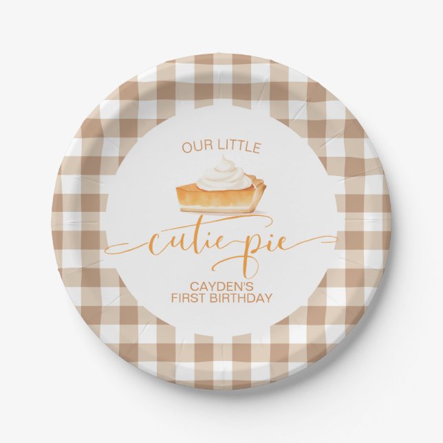 Cutie Pie pumpkin pie Fall plaid First Birthday Paper Plate (Front)